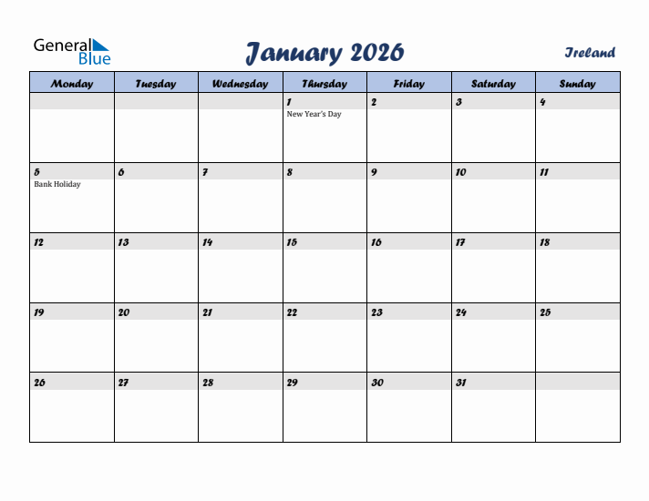 January 2026 Calendar with Holidays in Ireland