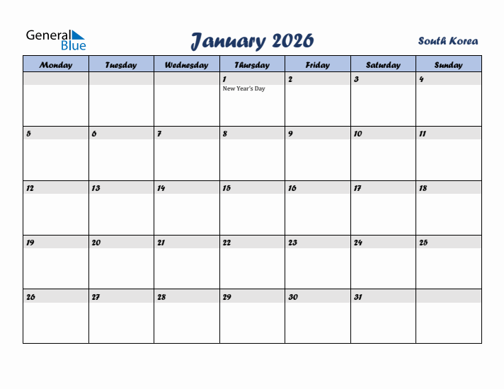 January 2026 Calendar with Holidays in South Korea