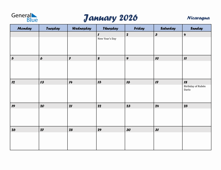 January 2026 Calendar with Holidays in Nicaragua