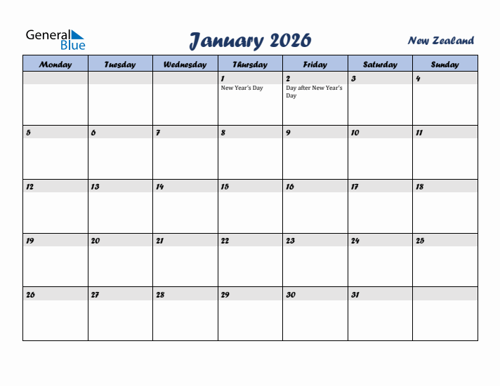 January 2026 Calendar with Holidays in New Zealand