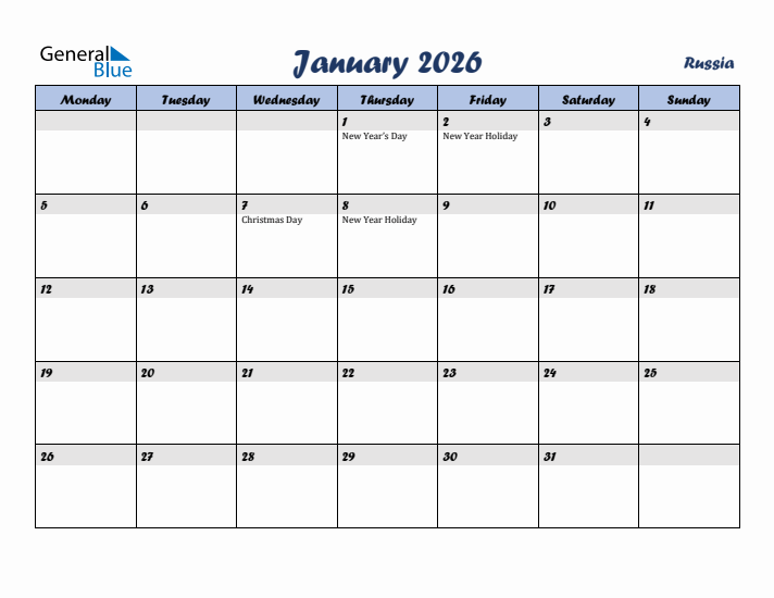 January 2026 Calendar with Holidays in Russia