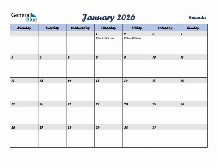 January 2026 Calendar with Holidays in Rwanda