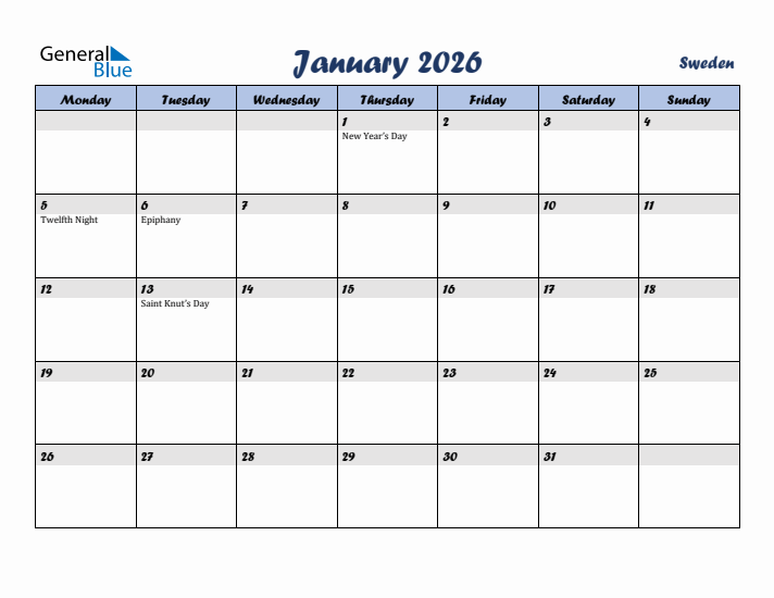 January 2026 Calendar with Holidays in Sweden