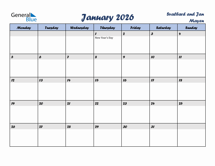 January 2026 Calendar with Holidays in Svalbard and Jan Mayen