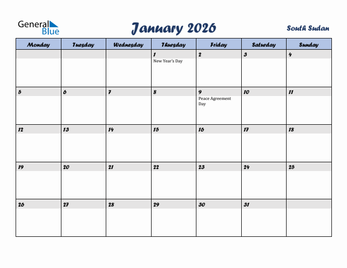 January 2026 Calendar with Holidays in South Sudan
