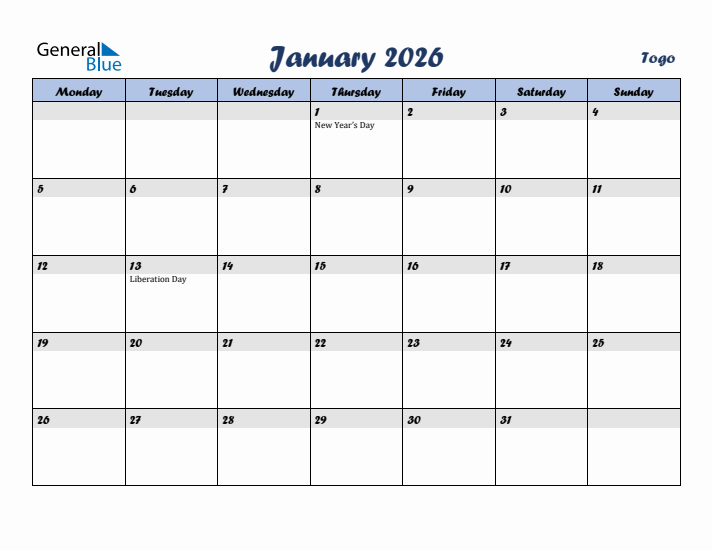 January 2026 Calendar with Holidays in Togo