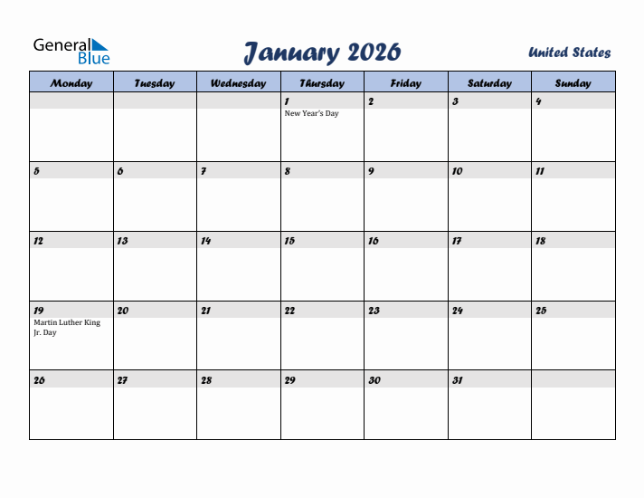 January 2026 Calendar with Holidays in United States