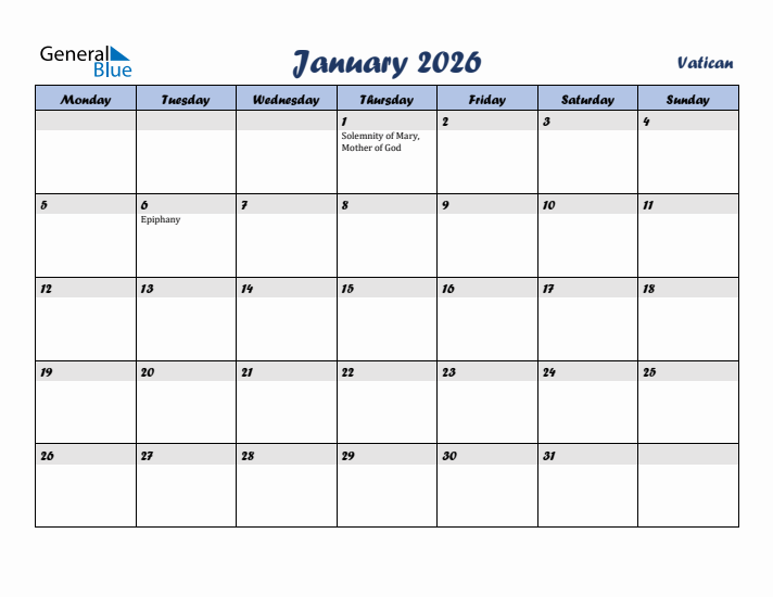 January 2026 Calendar with Holidays in Vatican