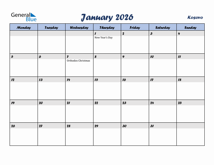 January 2026 Calendar with Holidays in Kosovo