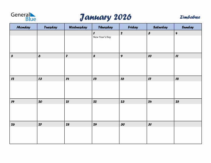 January 2026 Calendar with Holidays in Zimbabwe