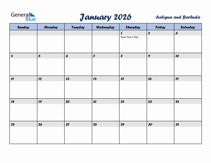 January 2026 Calendar with Holidays in Antigua and Barbuda