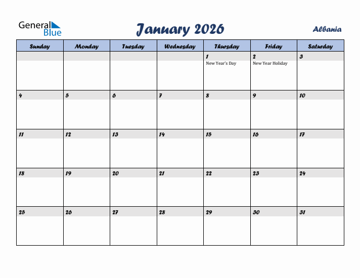 January 2026 Calendar with Holidays in Albania