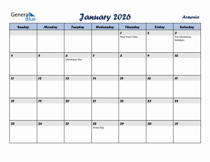 January 2026 Calendar with Holidays in Armenia