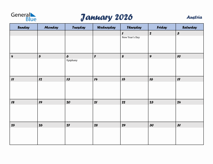 January 2026 Calendar with Holidays in Austria