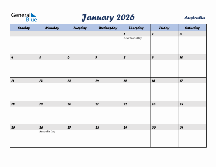 January 2026 Calendar with Holidays in Australia