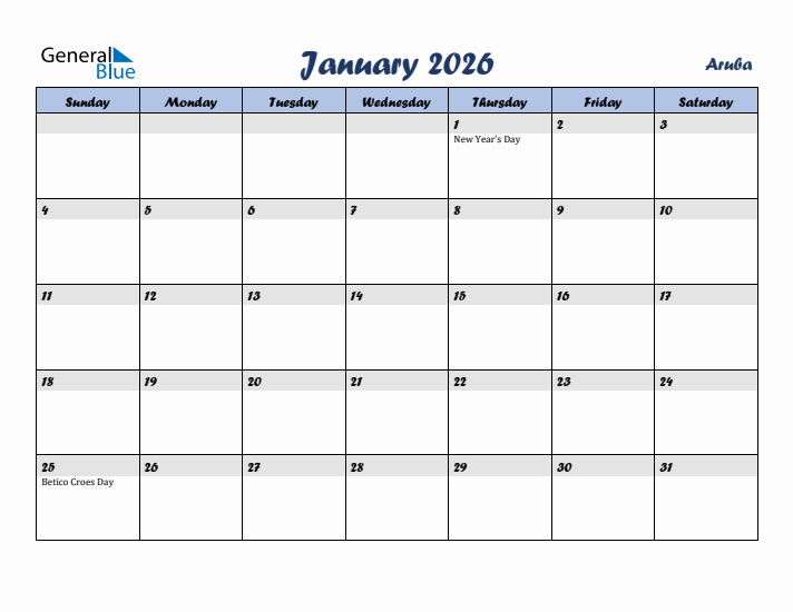 January 2026 Calendar with Holidays in Aruba