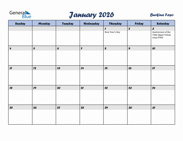 January 2026 Calendar with Holidays in Burkina Faso