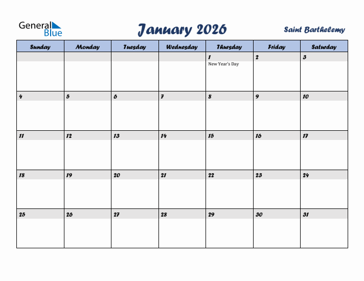 January 2026 Calendar with Holidays in Saint Barthelemy