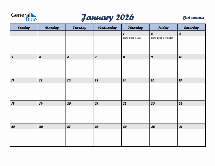 January 2026 Calendar with Holidays in Botswana