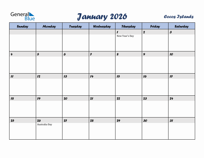 January 2026 Calendar with Holidays in Cocos Islands