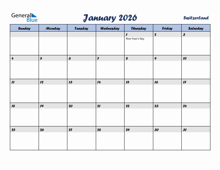 January 2026 Calendar with Holidays in Switzerland
