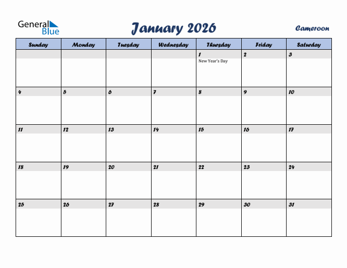 January 2026 Calendar with Holidays in Cameroon