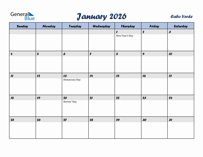 January 2026 Calendar with Holidays in Cabo Verde
