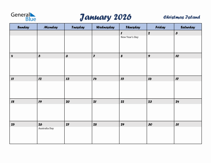 January 2026 Calendar with Holidays in Christmas Island