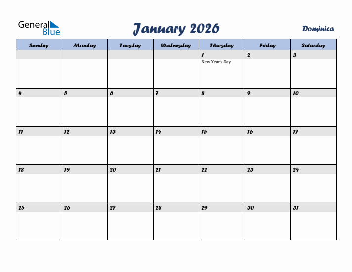January 2026 Calendar with Holidays in Dominica