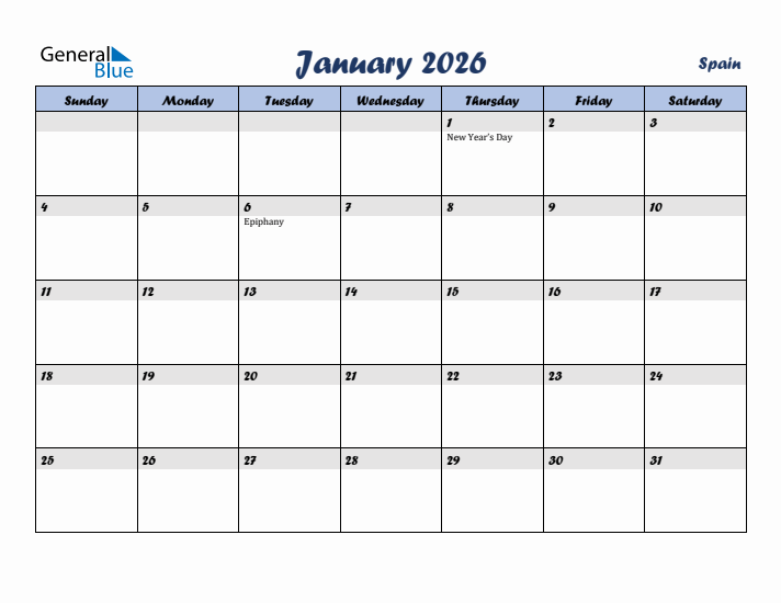 January 2026 Calendar with Holidays in Spain