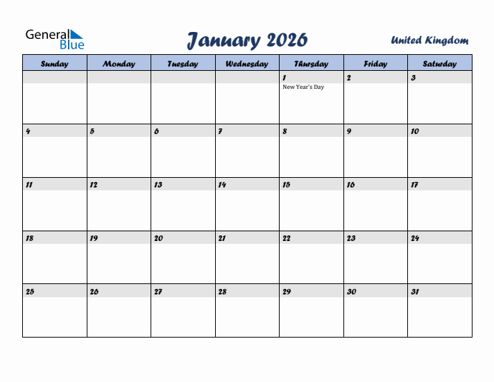 January 2026 Calendar with Holidays in United Kingdom