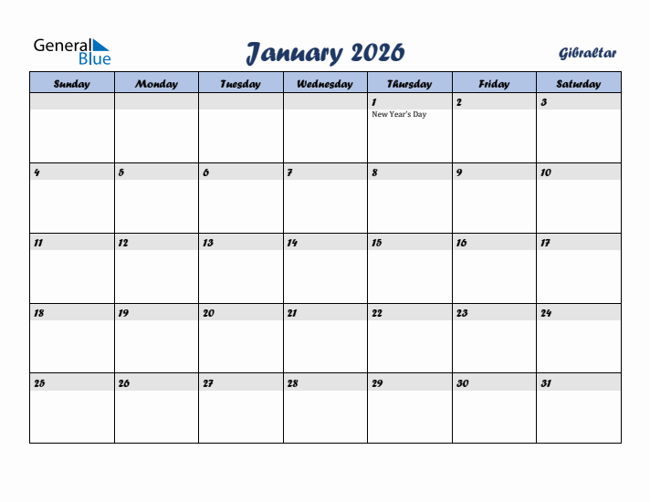 January 2026 Calendar with Holidays in Gibraltar