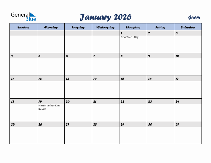 January 2026 Calendar with Holidays in Guam