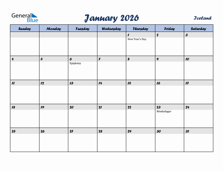January 2026 Calendar with Holidays in Iceland