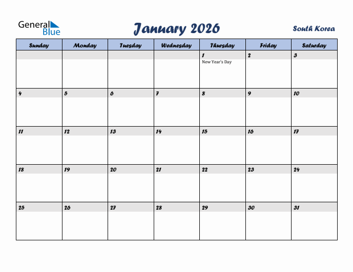 January 2026 Calendar with Holidays in South Korea