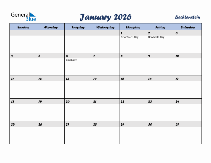 January 2026 Calendar with Holidays in Liechtenstein