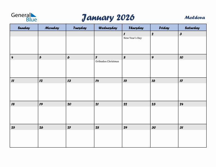January 2026 Calendar with Holidays in Moldova