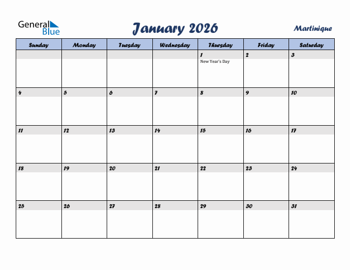 January 2026 Calendar with Holidays in Martinique