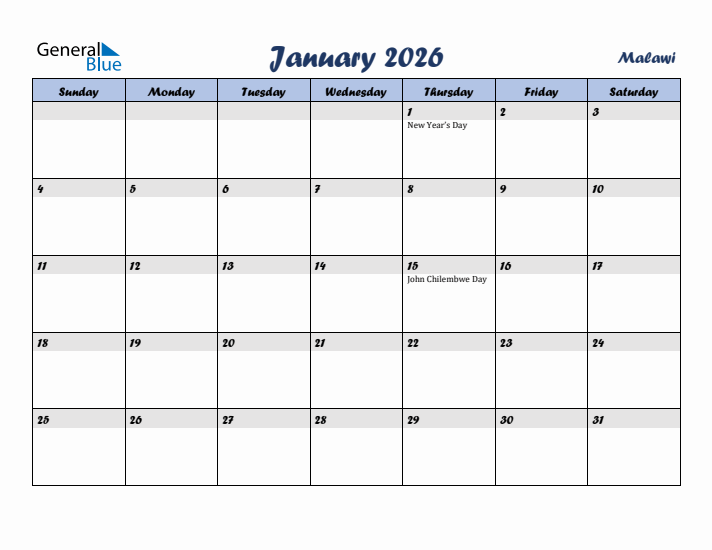 January 2026 Calendar with Holidays in Malawi