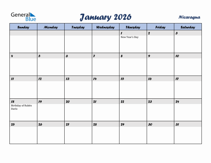 January 2026 Calendar with Holidays in Nicaragua