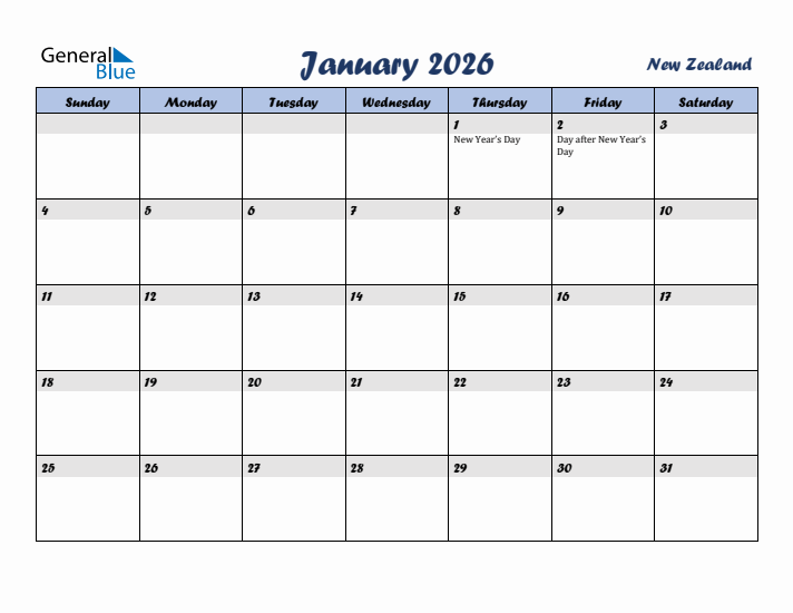 January 2026 Calendar with Holidays in New Zealand