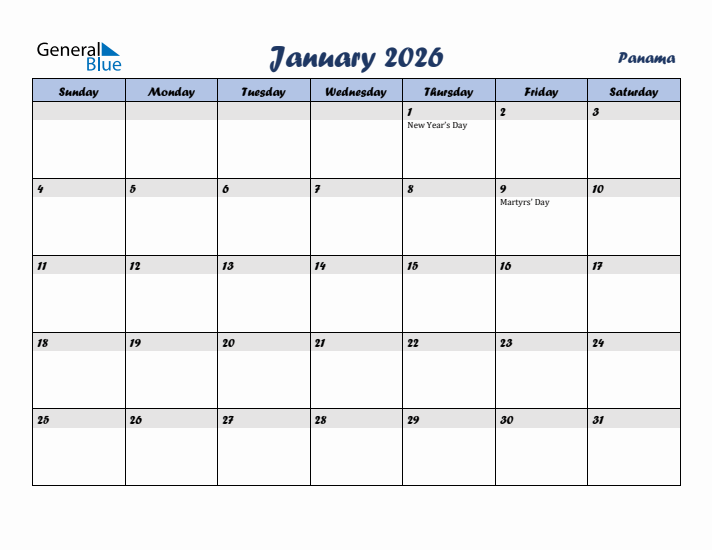 January 2026 Calendar with Holidays in Panama