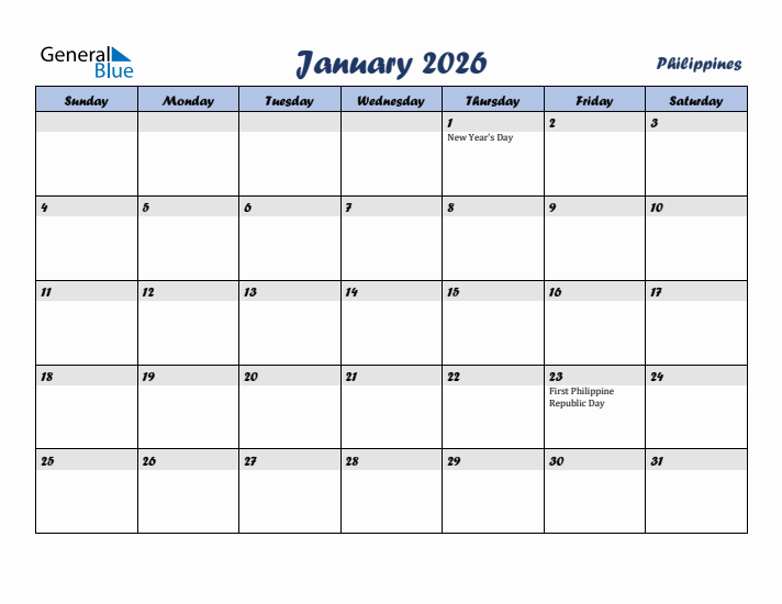 January 2026 Calendar with Holidays in Philippines