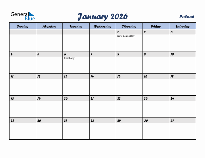 January 2026 Calendar with Holidays in Poland