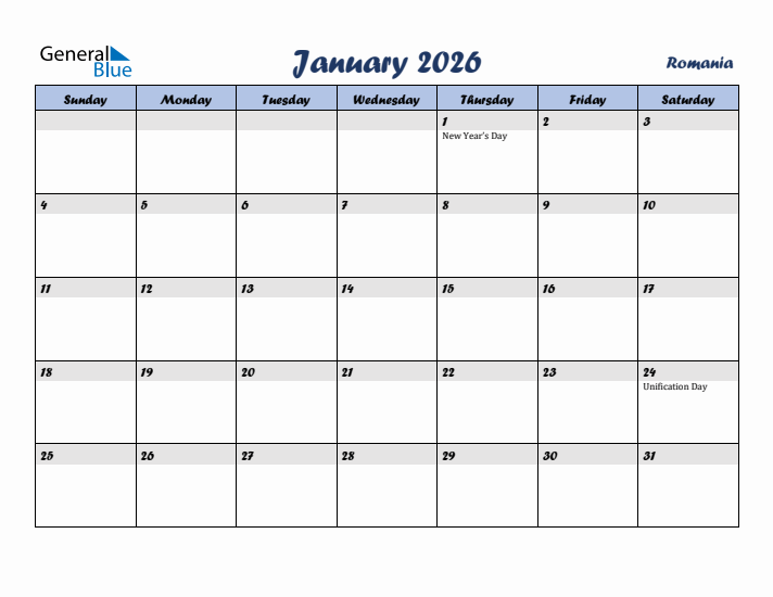 January 2026 Calendar with Holidays in Romania