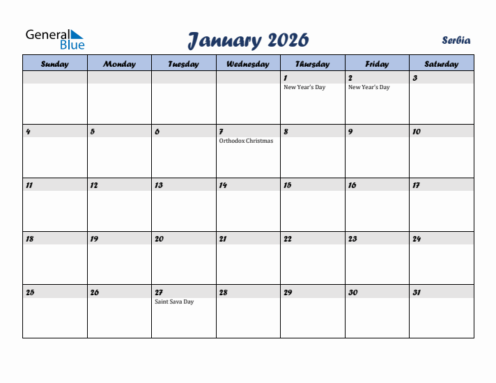 January 2026 Calendar with Holidays in Serbia
