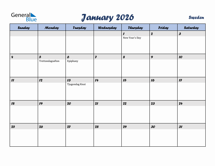 January 2026 Calendar with Holidays in Sweden