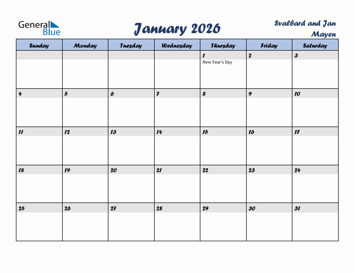 January 2026 Calendar with Holidays in Svalbard and Jan Mayen