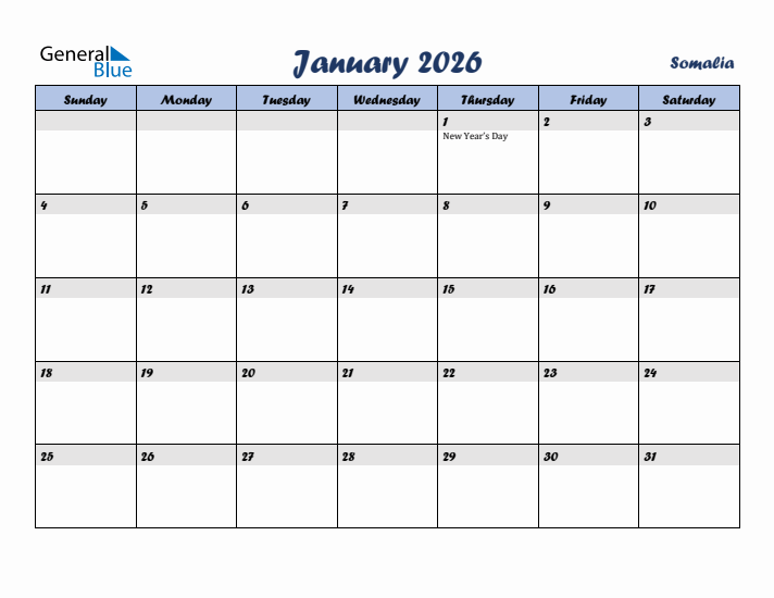 January 2026 Calendar with Holidays in Somalia