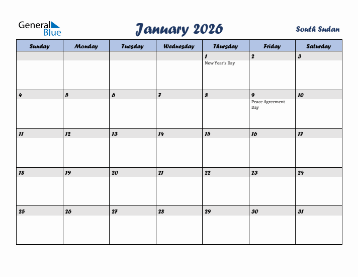 January 2026 Calendar with Holidays in South Sudan